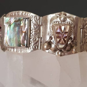 Vintage Sterling Silver Taxco Mexican Abalone Warrior Bracelet