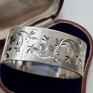 Vintage Sterling Silver Heavy Solid Silver Floral Etched Bangle Bracelet | Contemporary Floral Sterling Silver Cuff Bangle Bracelet