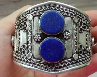 Vintage Lapis Lazuli Gemstone Silver Plated Ethnic Tribal Cuff Bangle Bracelet | Vintage Tribal Lapis Lazuli Bangle