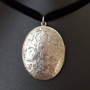 Antique Victorian Sterling Silver Large Oval Locket Necklace | Antique Victorian Sterling Silver Oval Foliate Necklace Locket