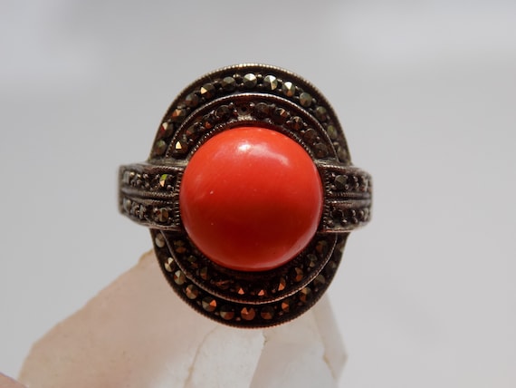 Sterling Silver Art Deco Coral Marcasite Ring | Ar