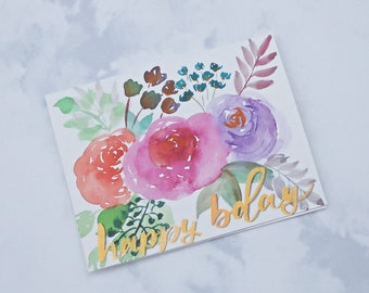 joyeux anniversaire! carte de voeux de bouqeet floral aquarelle peinte à la main