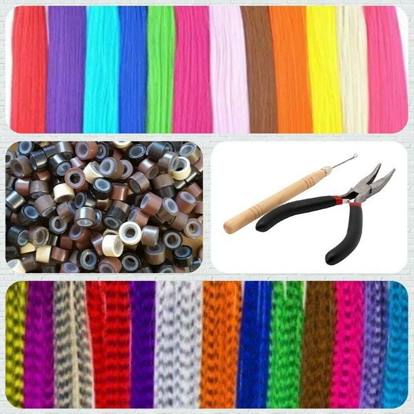 Synthetic Hair Feather Extension Kits - Plain, Grizzly or Mixed