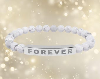 Pulsera Forever / Pulsera con barra elástica de piedra natural grabada / Pulsera de San Valentín