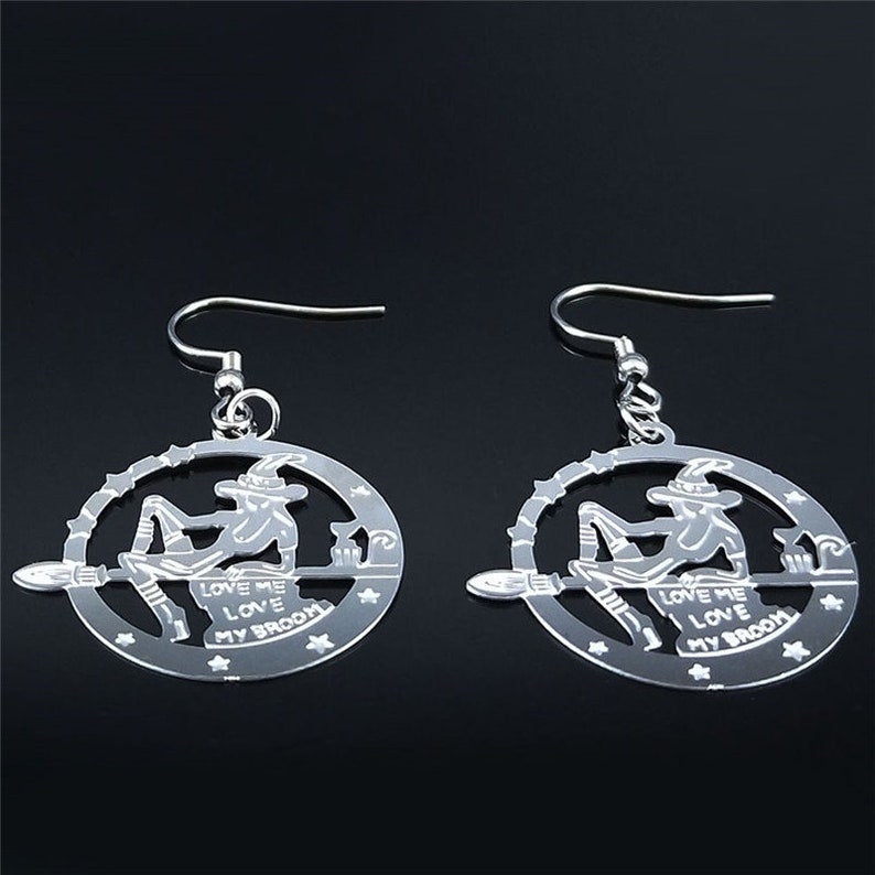 Stainless Steel. Witch on a Broom earrings