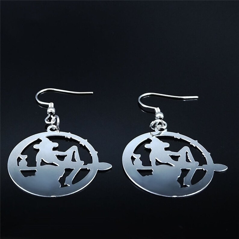 Stainless Steel. Witch on a Broom earrings
