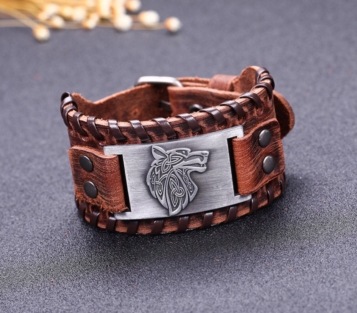 The Wolf Bracelet. Genuine leather. Metal engraving. Etsy