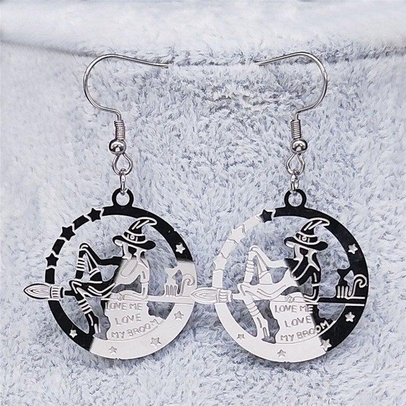 Stainless Steel. Witch on a Broom earrings