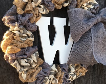 extra full version Any color Personalized Burlap wreath wchoice of accent color added to Natural & chevron