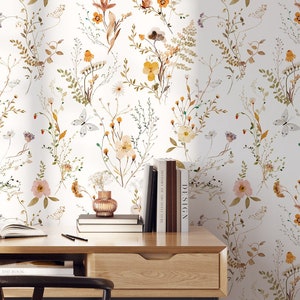 Jolene Wallpaper A314 Peel and Stick Removable Wallpaper Pressed Floral Neutral Tones Light Whimsical Watercolor Repositionable Wallpaper