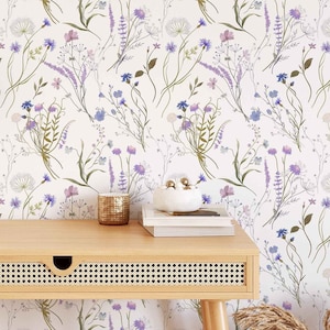 Violet Wallpaper A325 Peel and Stick Removable Wallpaper Pressed Floral Airy Watercolor Wallpaper