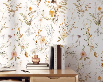 Jolene Wallpaper A314 Peel and Stick Removable Wallpaper Pressed Floral Neutral Tones Light Whimsical Watercolor Repositionable Wallpaper