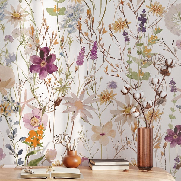 Melanie Floral Mural – Large Scale Boho Spring Wallpaper, Peel and Stick or Pre-pasted KM275