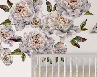 Floral Wall Decals with Exuberant Peonies, Self Adhesive Peel and Stick Wall Decals for Girl Nursery or House Decor, Watercolor Purple D001
