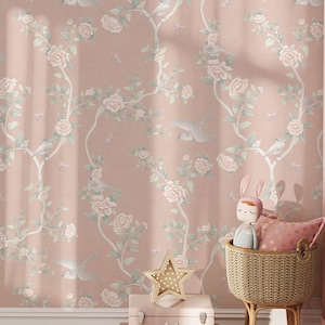 Le Tariche Wallpaper Mural in Blush Chinoiserie Wallpaper Mural: Flowers, Birds, Butterflies (Peel and Stick)