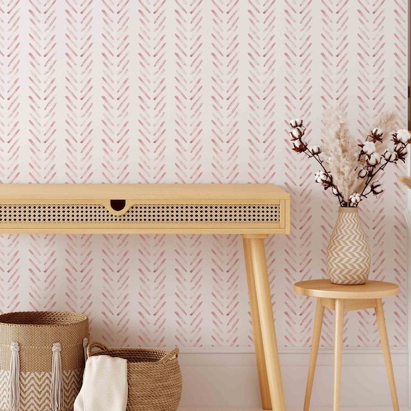 Boho Herringbone in Soft Pink Wallpaper A152 Removable and Repositionable Peel and Stick or Traditional Pre-pasted Wallpaper