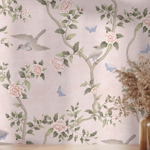Le Tariche Chinoiserie Mural in Neutral and Pink, Peel and Stick or Pre-pasted Wallpaper Mural, Neutral & Pink Florals with Birds, KM310