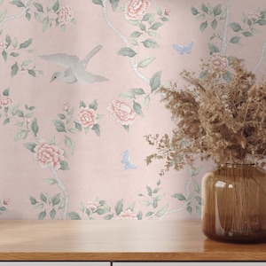 Le Tariche Wallpaper Mural in Baby Pink Chinoiserie Wallpaper Mural: Flowers, Birds, Butterflies (Peel and Stick)