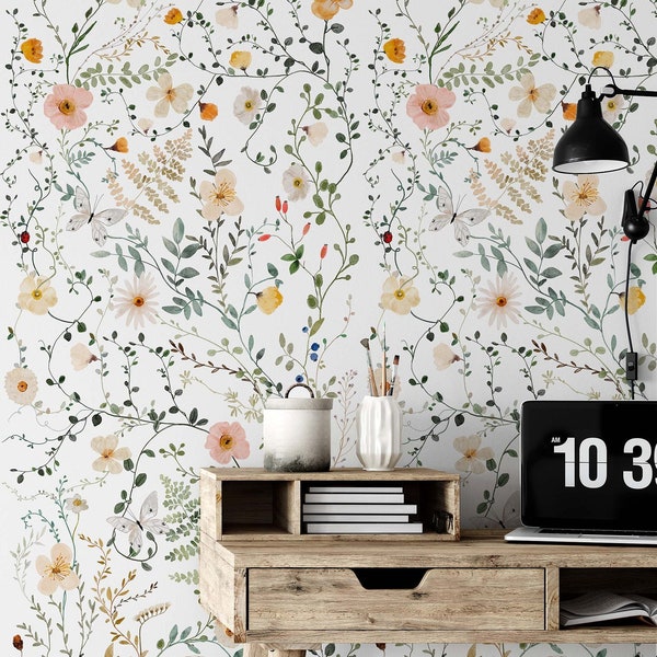 Pressed Floral Peel and Stick Wallpaper, Neutral Watercolor, A306