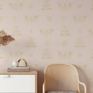 The Moth and the Moon Wallpaper A180 Removable Peel and Stick Wallpaper Minimalist Neutral Butterfly Celestial Boho Peel and Stick Wallpaper