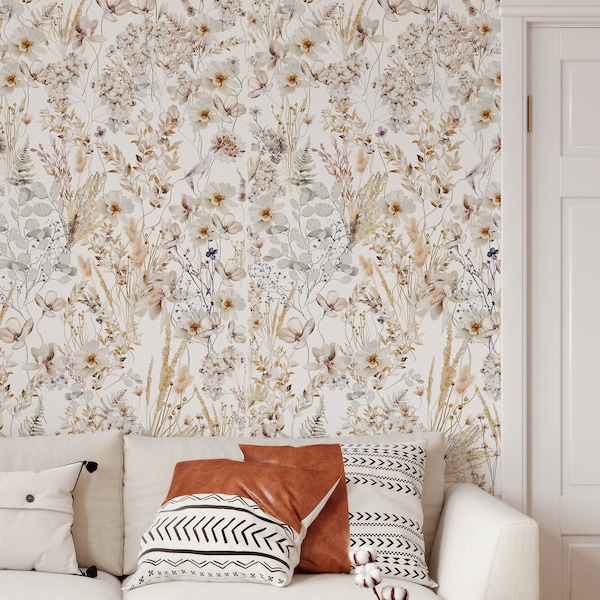 Papel pintado floral prensado: acuarela neutra, despegar y pegar