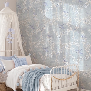 Le Tariche Chinoiserie in Light Blue Wallpaper Mural,Flowers, Birds, Butterflies Chinoiserie Wallpaper Peel and Stick Removable KM299