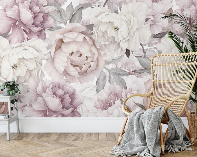 Pastel Peony Wallpaper Peel and Stick | Watercolor Soft Floral Wall ...