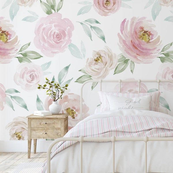 Watercolor Rose Mural KM004 - Large Scale Floral Peel and Stick Removable Wallpaper or Traditional Pre-pasted for Nursery and Interior Decor