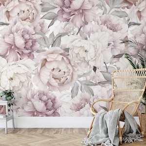 Muted Watercolor Peony Bouquet Nursery Self Adhesive Traditional Pre-pasted or Peel and Stick Wallpaper Light Watercolor Floral KM023