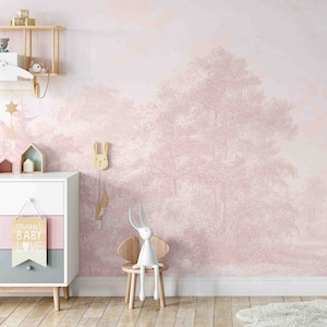 Pink Antique Forest Classic Landscape Mural KM185- Large Scale Girl Nursery Watercolors Woodland Scenic Wallpaper Peel and Stick Removable