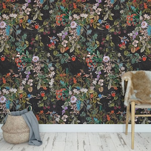 Vintage Botanical Dark Wallpaper A049 Removable and Repositionable Peel and Stick or Traditional Pre-pasted Wallpaper