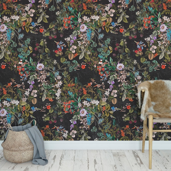 Vintage Botanical Wallpaper: Dark Floral Peel and Stick or Pre-Pasted