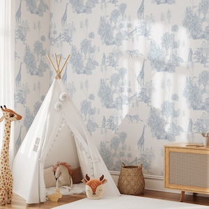 The Minimal Jungle in Blue Mural - KM298 Tropical Palms Animal Giraffe and Cheetah Peel and Stick Wallpaper