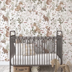 Forest Babies Wallpaper Mural – Vintage Woodland Animals for Nursery, Peel and Stick or Pre-pasted KM363