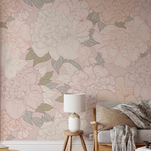 Peonies and Butterflies Mural KM274 - Large Scale Wallpaper Floral Peel and Stick Removable Repositionable or Traditional Pre-pasted