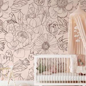 Minimal and Neutral Floral Garden Mural KM219 Self Adhesive Large Scale Wallpaper Peony Floral Peel and Stick Wallpaper