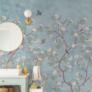 Charmony Chinoiserie Mural in Blue – Large Scale Floral Nursery Wallpaper, Peel and Stick or Pre-pasted M059