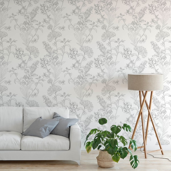 Wallpaper Muted Elegant Floral Drawing Self Adhesive Peel and Stick or Traditional Prepasted Wallpaper Removable E001