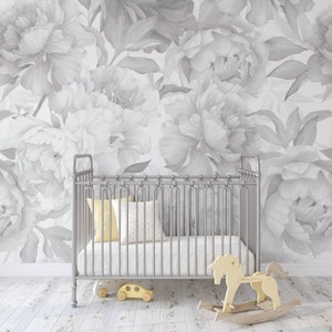 Soft Gray Peonies Floral Wallpaper Mural KM043 - Self Adhesive Traditional Pre-pasted or Peel and Stick Wallpaper Classic Light Watercolor