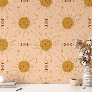 Boho Sun Wallpaper A159 Removable Peel and Stick Wallpaper, Mystic Boho Constellation Sun Peel and Stick Wallpaper