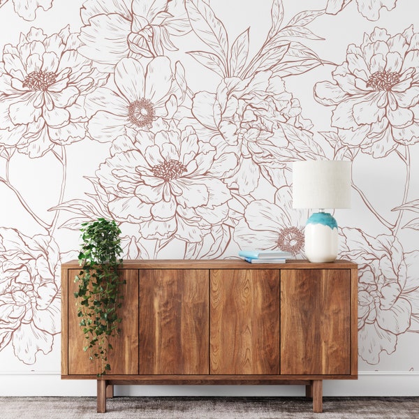Minimalist Coral Bloom KM061 - Mural Self Adhesive Large Scale Minimalist Boho Wallpaper Peony Floral Traditional Pre-pasted, Peel and Stick