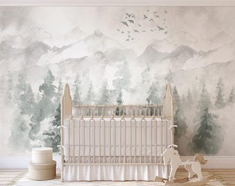 Watercolor Winter Forest Mural: Woodland Nursery Wallpaper, Peel and Stick