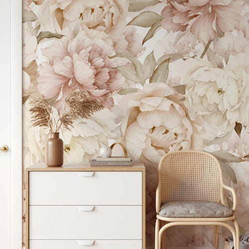 Boho Blush Peony Wallpaper: Watercolor Floral, Self Adhesive or Pre-Pasted