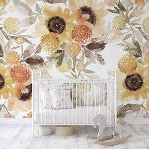 Sunflowers Watercolor Mural KM197 Self Adhesive Large Scale Wallpaper Floral Traditional Pre-pasted or Peel and Stick Wallpaper