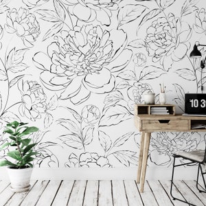 The Minimalist Peony Mural – Black & White Line Art Floral Wallpaper, Peel and Stick or Pre-pasted KM060