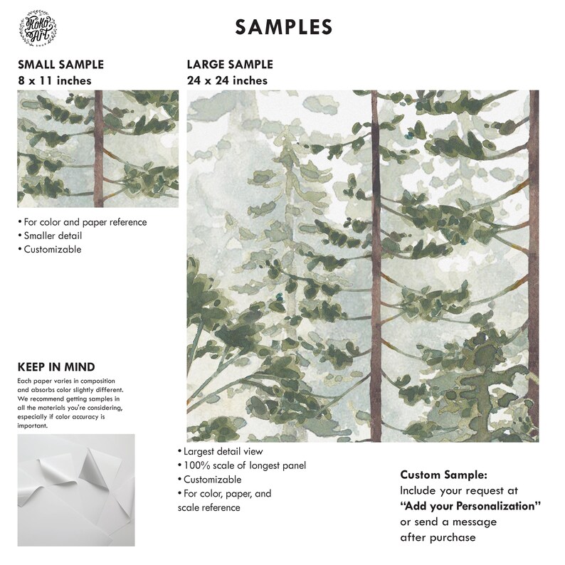 May include: Samples of watercolor forest art. The small sample is 8 x 11 inches, and the large sample is 24 x 24 inches. The image shows a close-up of trees with green foliage and brown trunks. Text includes "For color and paper reference" and "Custom Sample".