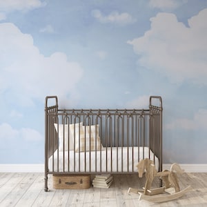 May include: A brown metal crib with a white mattress and two pillows. The crib is in front of a wall with a blue and white cloud pattern.