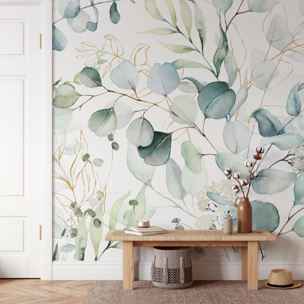 Watercolor Eucalyptus Leaves Wallpaper Mural: Tropical Peel and Stick