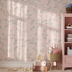 Le Tariche Chinoiserie in Baby Pink Wallpaper Mural,Flowers, Birds, Butterflies Chinoiserie Wallpaper Peel and Stick Removable KM301