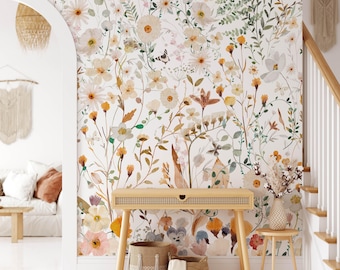 Margaret Mural: Pressed Flower Peel and Stick Wallpaper - Light & Airy